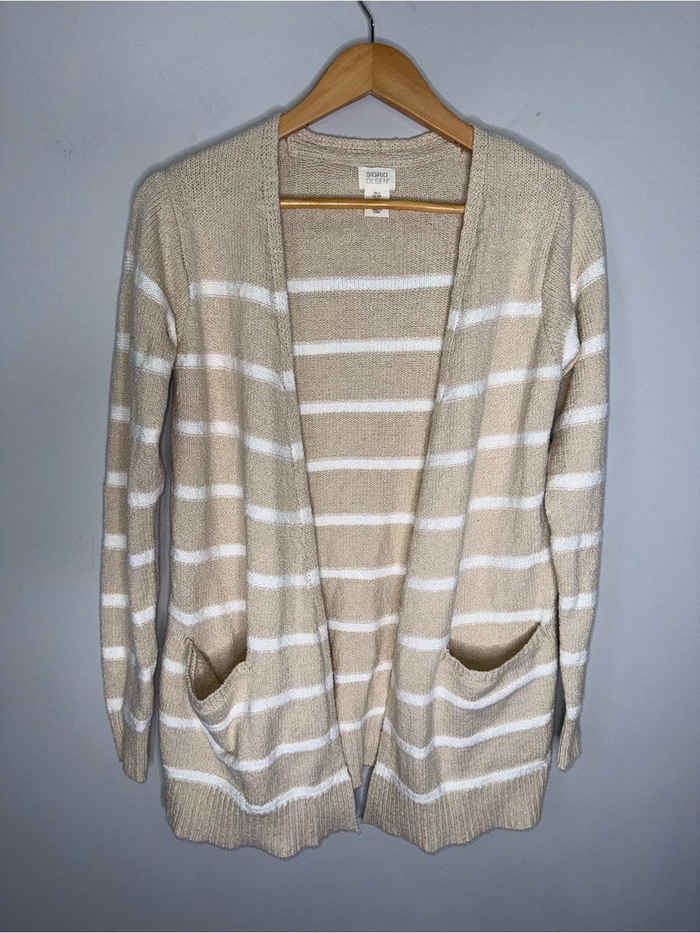Sigrid Olsen Cardigan Women’s Small Cream & White Striped Open-Front Sweater !